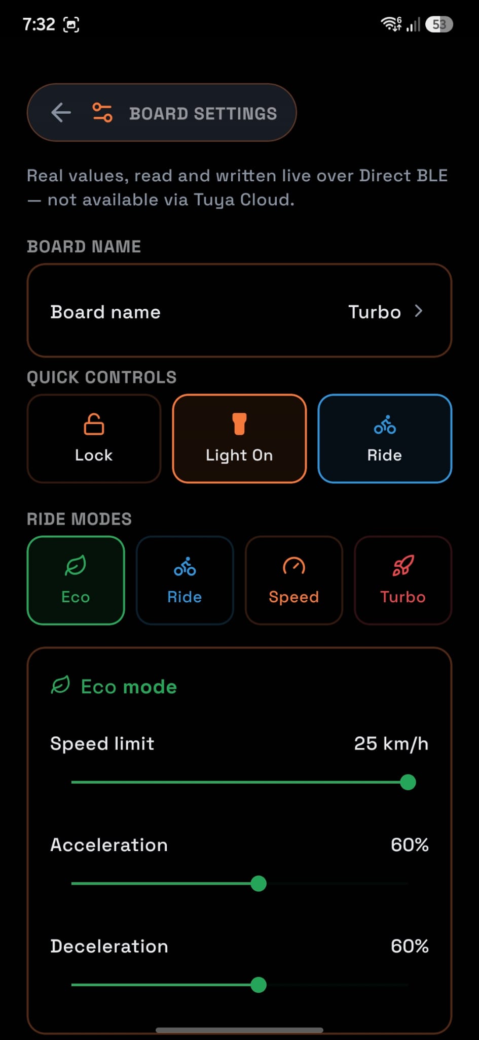 Cityroam board settings screen with quick controls for lock, light, and ride mode, and per-mode speed/acceleration sliders