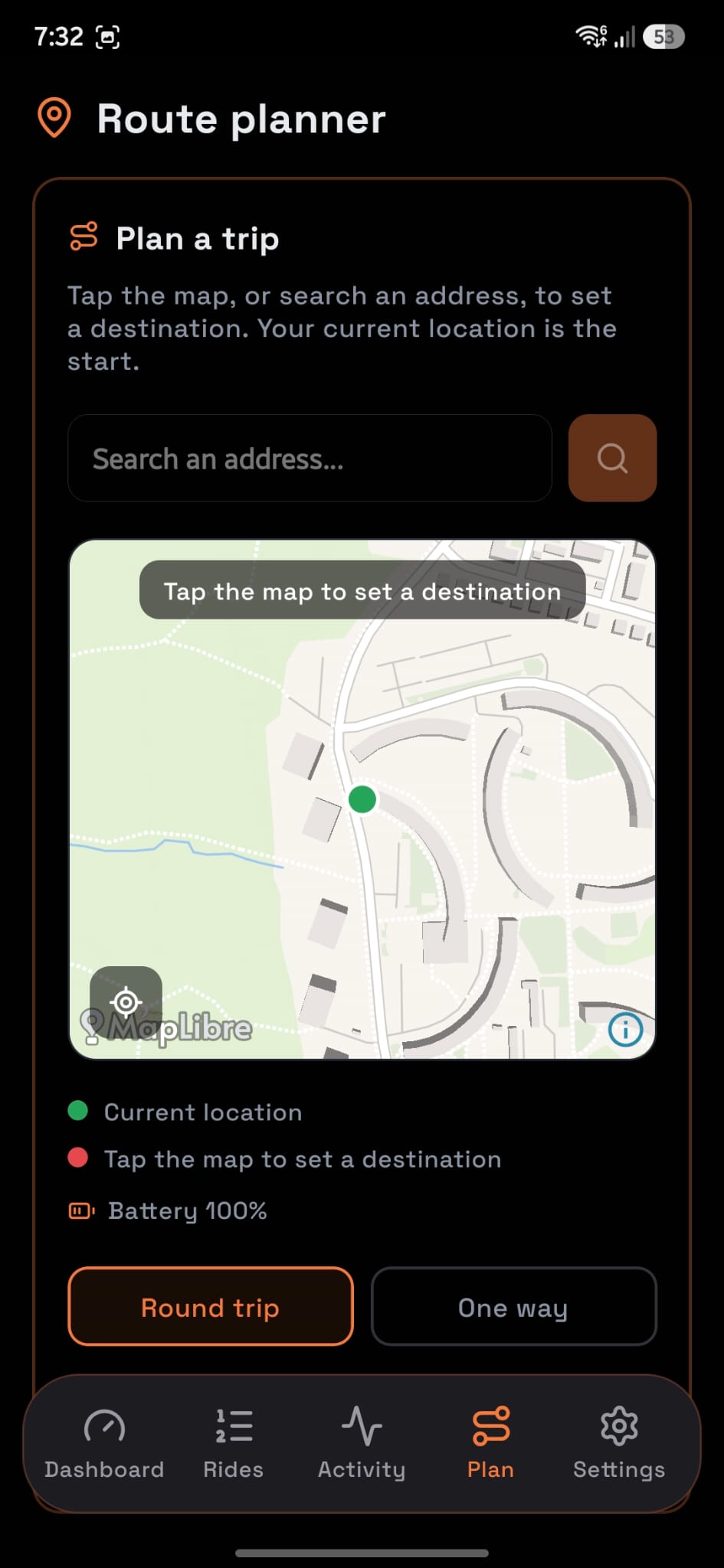 Cityroam route planner with a map to tap a destination and choose round trip or one way
