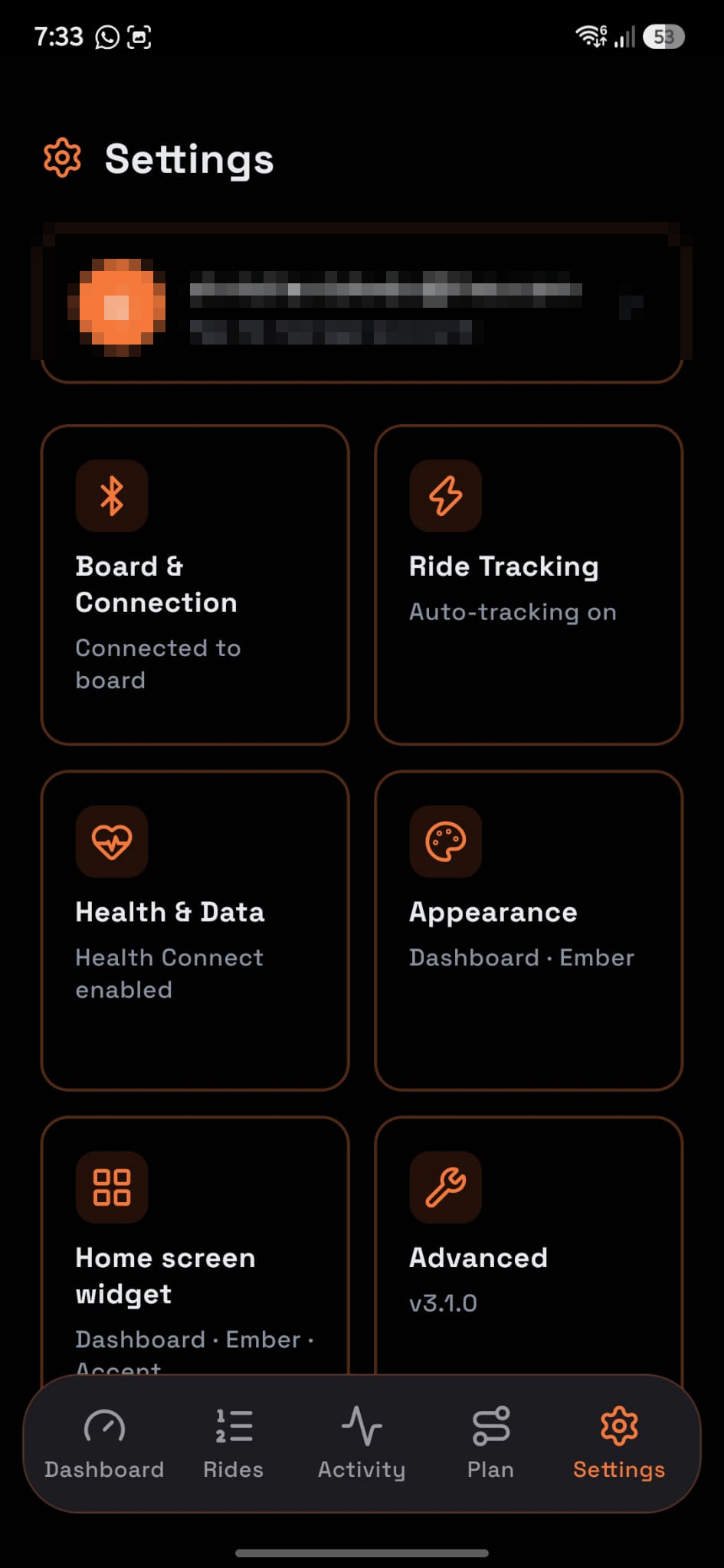 Cityroam settings hub with tiles for board connection, ride tracking, health data, appearance, and more