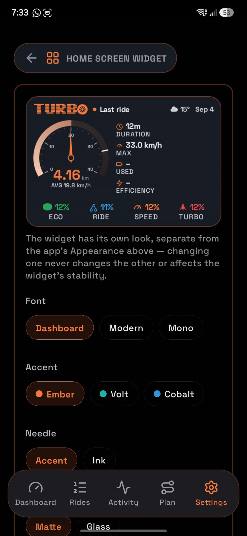 Cityroam home screen widget showing the last ride's distance, speed, and mode breakdown